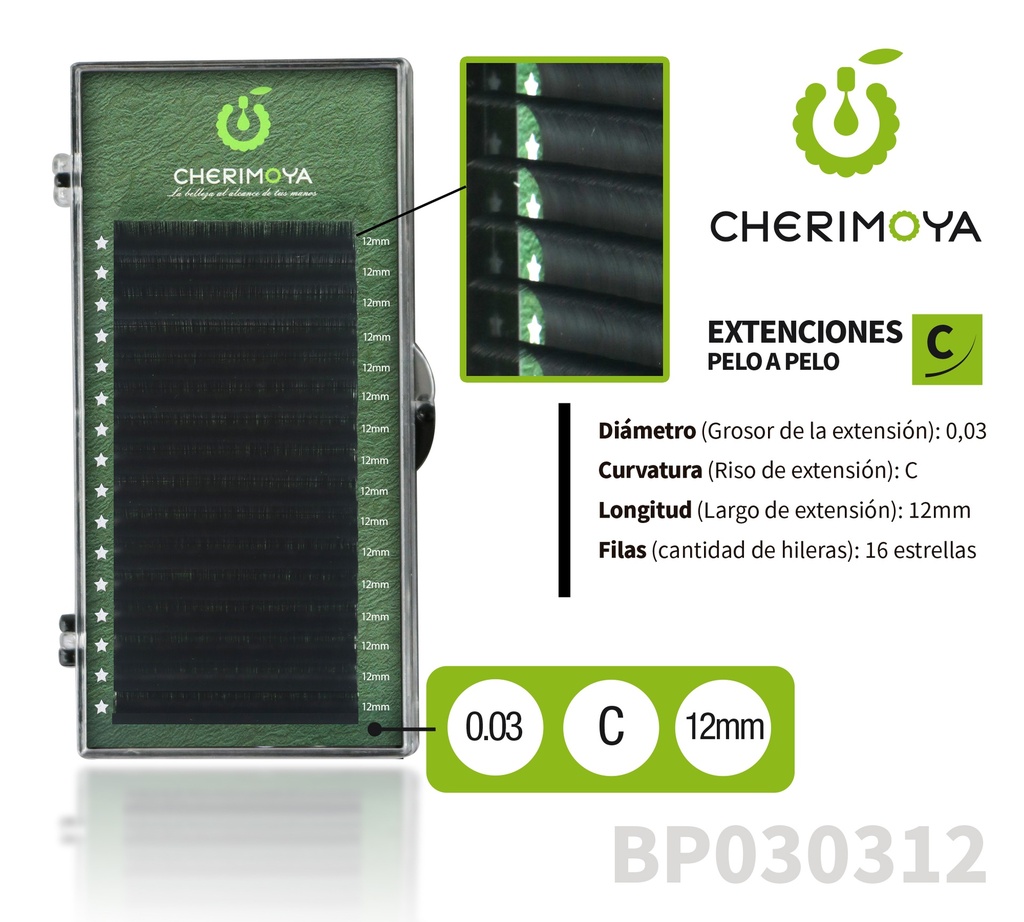 A826 Extensión de pestañas pelo por pelo 0.03C-12MM___Pack X10-BP030312